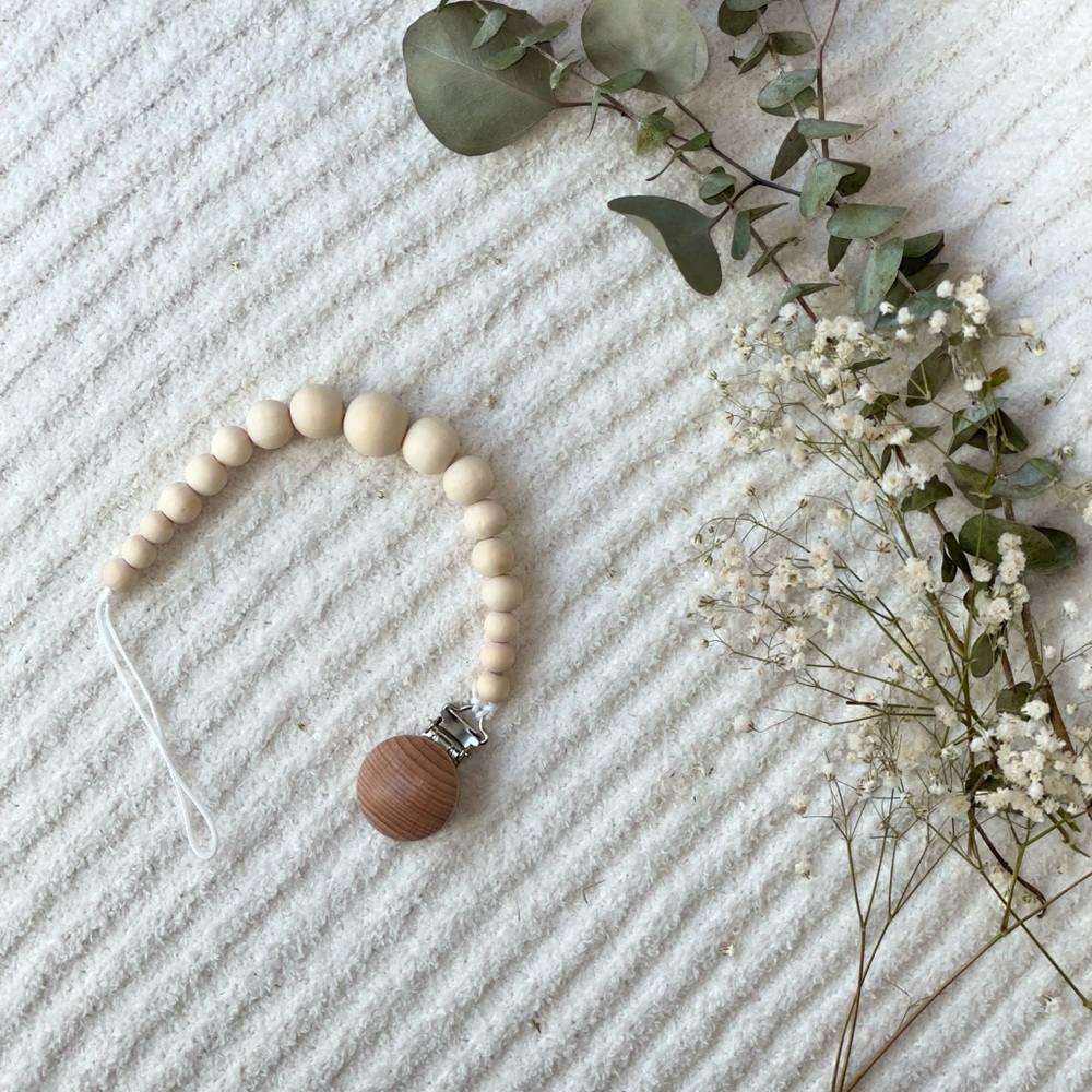 Neutral Wood Bead Pacifier/Teether Clip